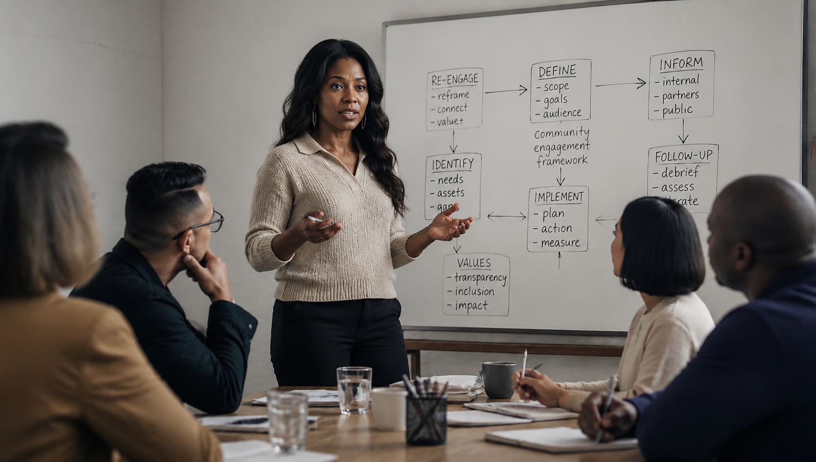 A consultant leading a working session at a whiteboard mapping an engagement framework