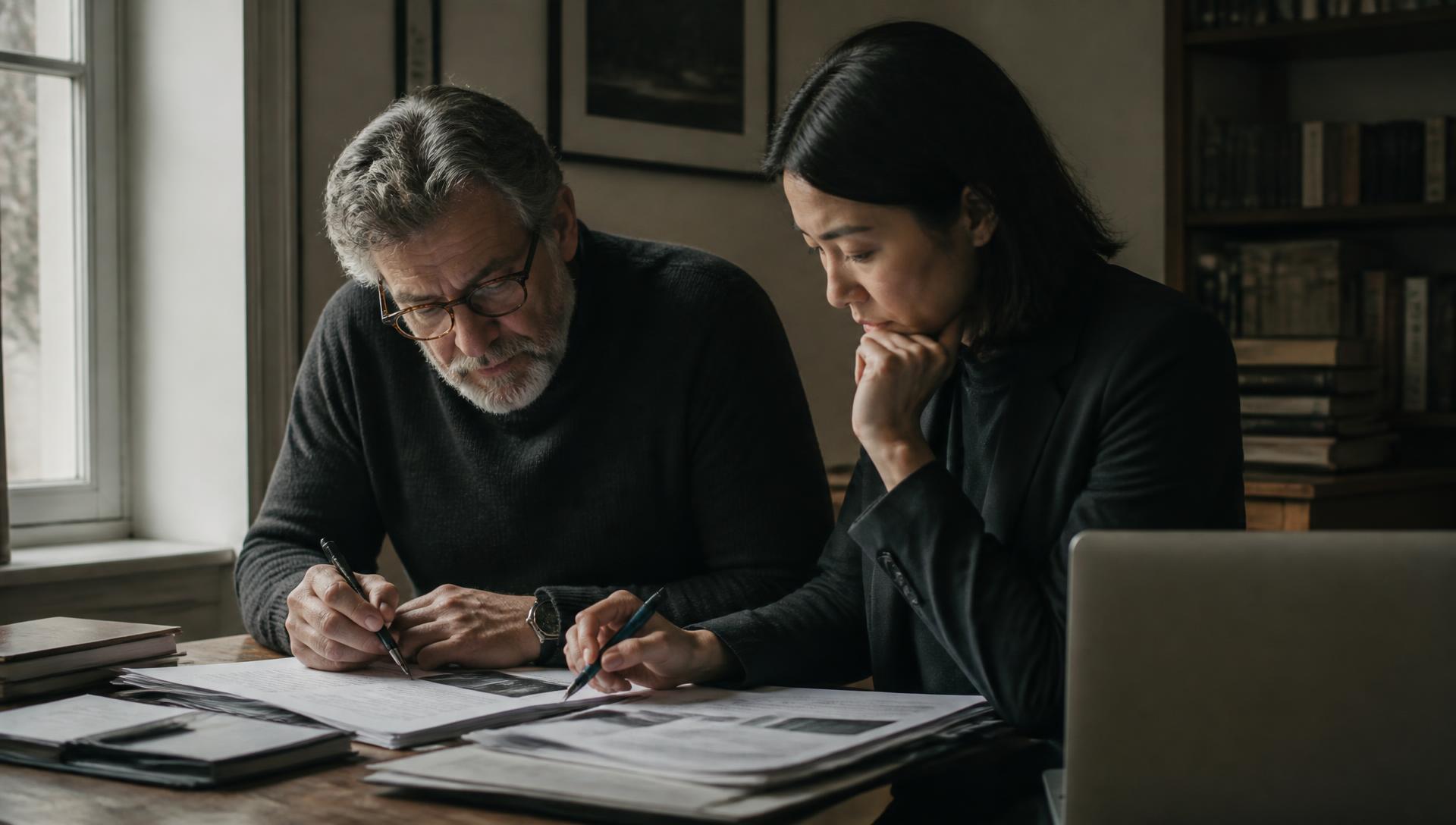 Two colleagues reviewing printed documents together at a desk